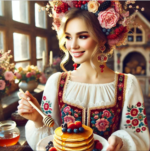 Яркий шарж на масленицу с блинами и народными гуляниями